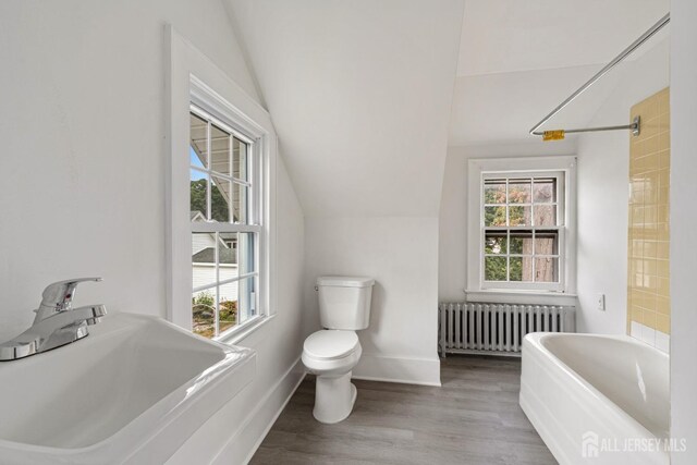 bathroom with radiator heating unit, vaulted ceiling, plenty of natural light, and sink