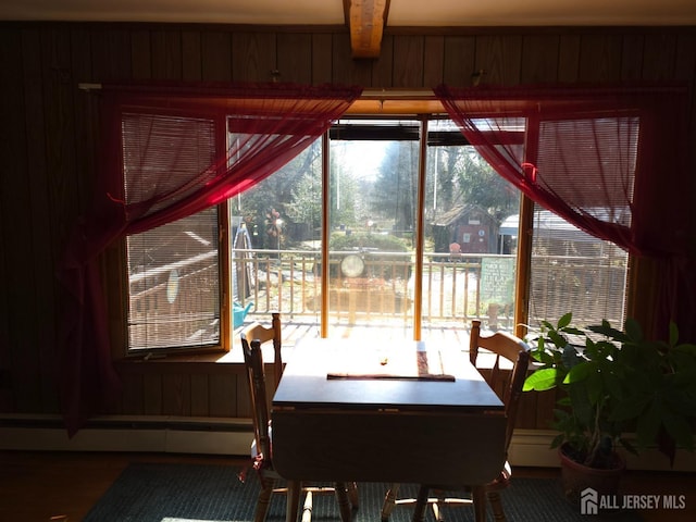 144 Buckelew Ave, Jamesburg, NJ 08831 - dining room with a baseboard heating unit and wooden walls