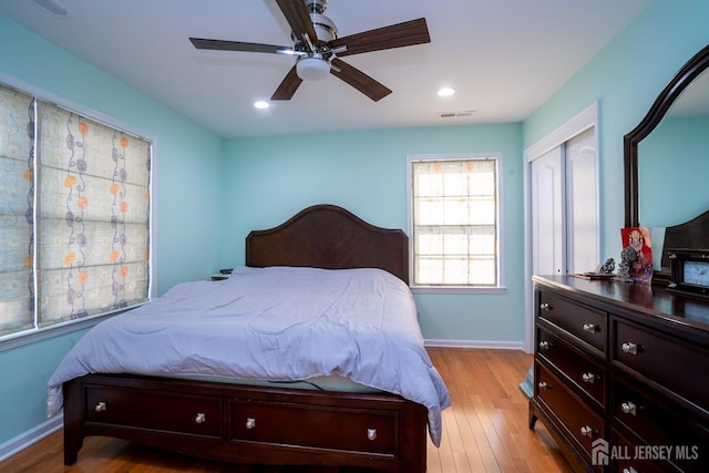 45 Green Ash St, Monroe, NJ 08831 - bedroom with baseboards, light wood-style flooring, recessed lighting, a closet, and a ceiling fan