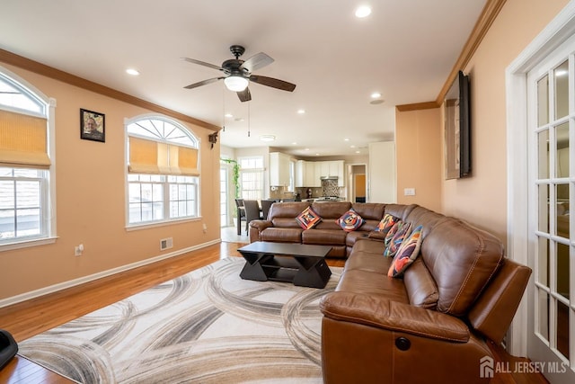 45 Green Ash St, Monroe, NJ 08831 - living area with light wood-style floors, a ceiling fan, recessed lighting, baseboards, and ornamental molding