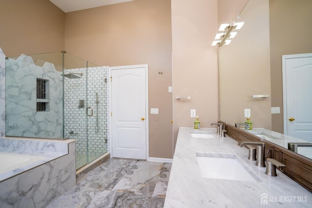 45 Green Ash St, Monroe, NJ 08831 - full bathroom with a shower stall, a towering ceiling, a garden tub, marble finish flooring, and double vanity