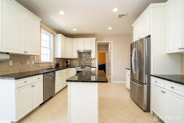45 Green Ash St, Monroe, NJ 08831 - kitchen with stainless steel appliances, under cabinet range hood, a sink, tasteful backsplash, and a center island