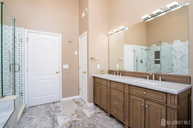 45 Green Ash St, Monroe, NJ 08831 - full bath featuring a stall shower, marble finish flooring, double vanity, and baseboards