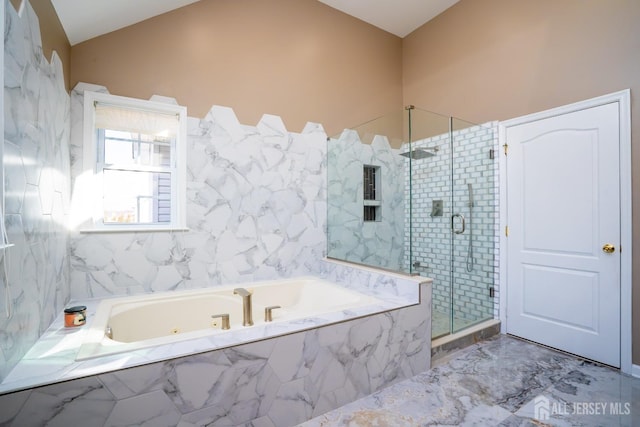 45 Green Ash St, Monroe, NJ 08831 - bathroom featuring a stall shower, lofted ceiling, and a jetted tub