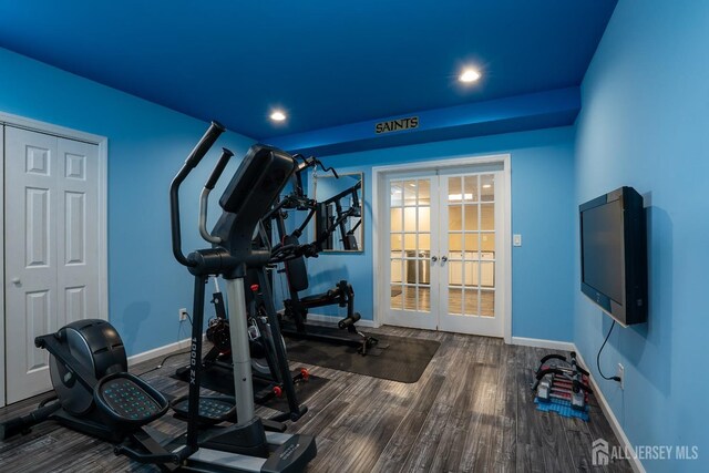 45 Green Ash St, Monroe, NJ 08831 - workout area featuring french doors, baseboards, wood finished floors, and recessed lighting
