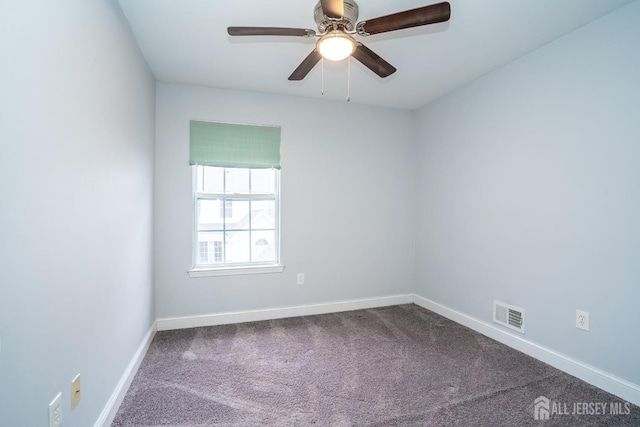 empty room featuring a ceiling fan, visible vents, dark carpet, and baseboards