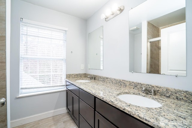 bathroom featuring vanity and an enclosed shower