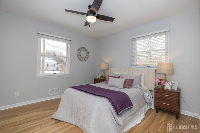 bedroom with light hardwood / wood-style flooring and ceiling fan