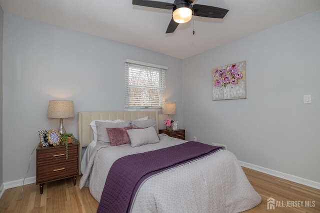 bedroom featuring ceiling fan and light wood-type flooring