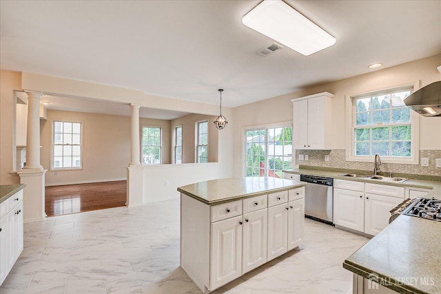 15 Fabiszewski Way, Parlin, NJ 08859 - kitchen featuring dishwasher, ornate columns, light marble finish flooring, and recessed lighting