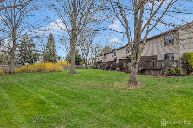 view of yard featuring fence, a wooden deck, and a residential view