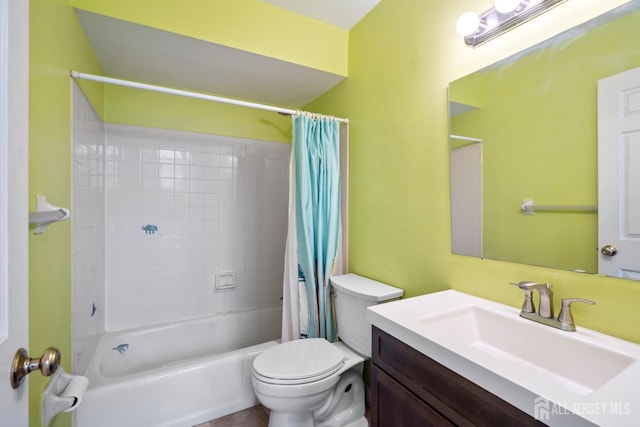 full bath with vanity, toilet, and shower / tub combo with curtain