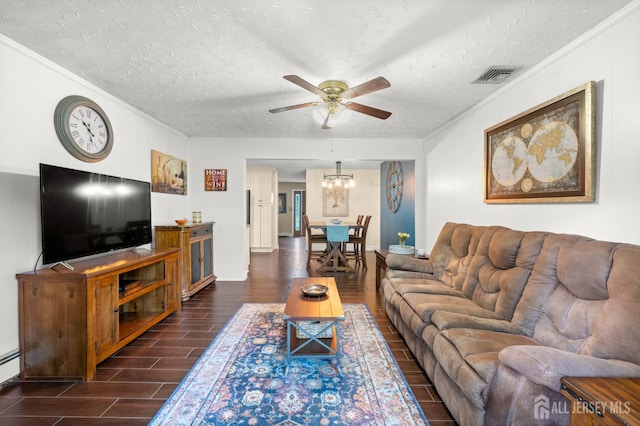 13 Orchard Pkwy, Morganville, NJ 07751 - living area featuring a ceiling fan, dark wood-style floors, a chandelier, a textured ceiling, and crown molding