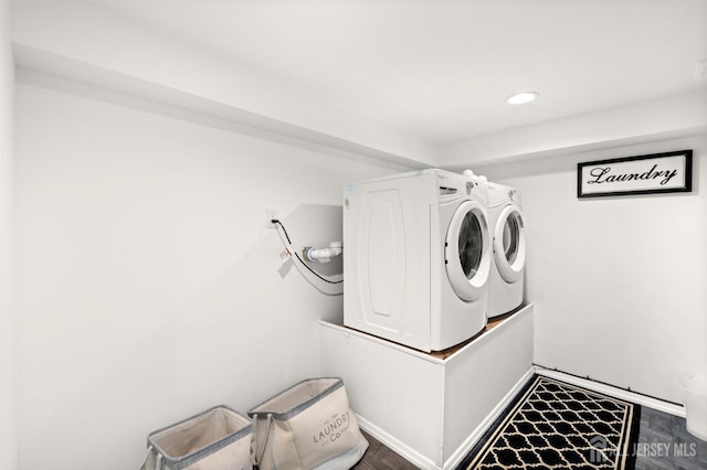 13 Orchard Pkwy, Morganville, NJ 07751 - washroom with washing machine and clothes dryer, recessed lighting, and wood finished floors