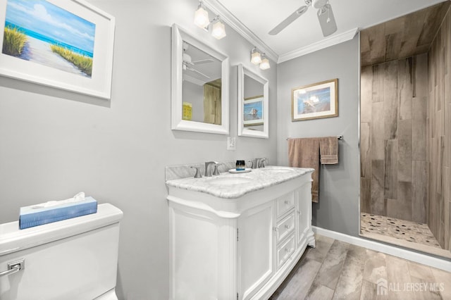 13 Orchard Pkwy, Morganville, NJ 07751 - full bathroom featuring a ceiling fan, toilet, double vanity, a tile shower, and crown molding