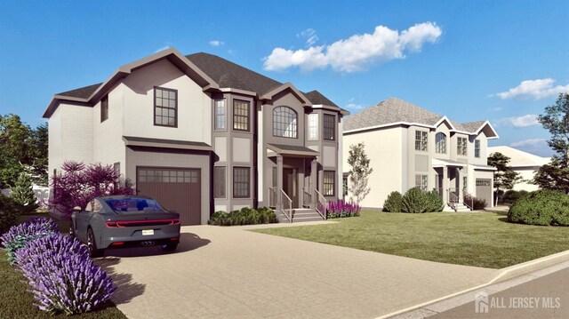 view of front facade featuring a garage and a front lawn