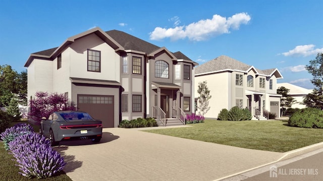 view of front of home with concrete driveway, an attached garage, a front yard, and stucco siding