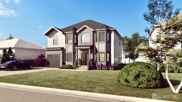 view of front facade featuring a garage, stucco siding, concrete driveway, and a front lawn