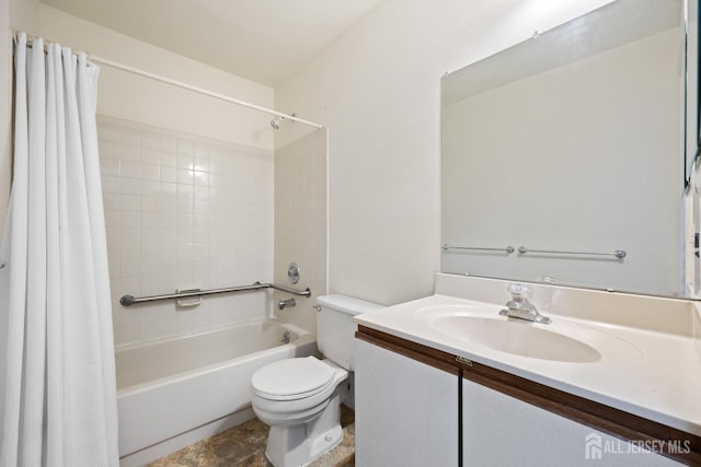 full bathroom with toilet, shower / tub combo with curtain, and vanity