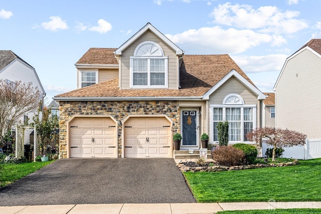 16 Dryden Dr, Burlington Twp, NJ 08016 - view of front of property featuring driveway, a front lawn, stone siding, and a shingled roof