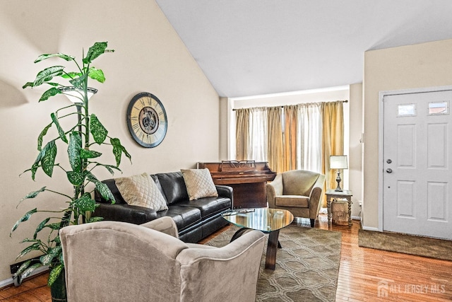 16 Dryden Dr, Burlington Twp, NJ 08016 - living room featuring baseboards, wood finished floors, and vaulted ceiling