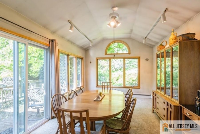 57 Jensen St, East Brunswick, NJ 08816 - dining room featuring carpet, vaulted ceiling, track lighting, and a baseboard radiator