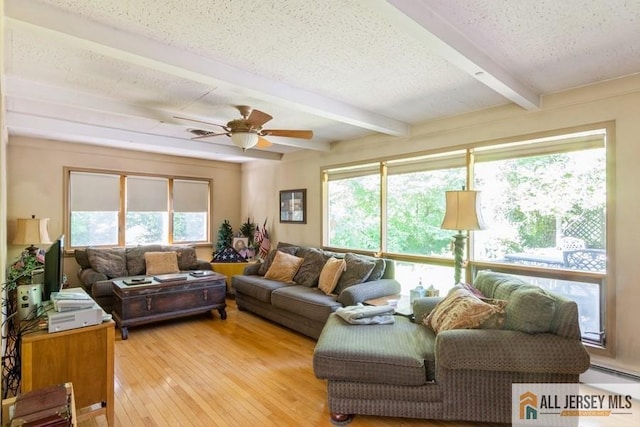 57 Jensen St, East Brunswick, NJ 08816 - living area with beam ceiling, a ceiling fan, healthy amount of natural light, light wood finished floors, and a textured ceiling