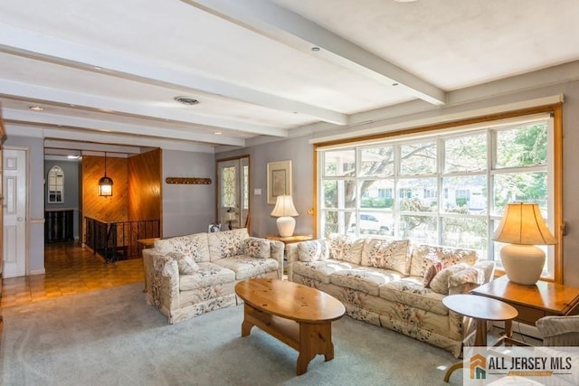 57 Jensen St, East Brunswick, NJ 08816 - living area with beamed ceiling, healthy amount of natural light, and carpet floors
