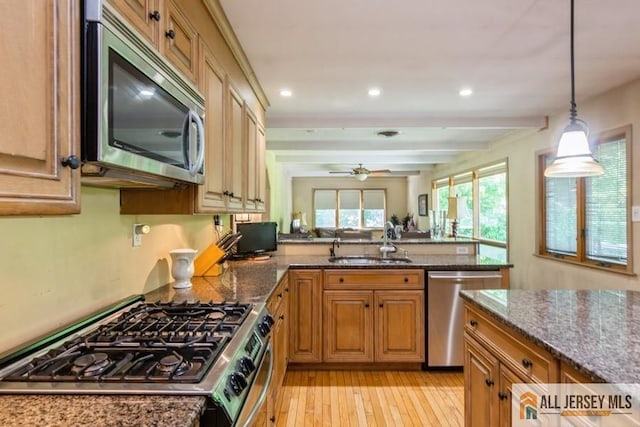 57 Jensen St, East Brunswick, NJ 08816 - kitchen featuring appliances with stainless steel finishes, a peninsula, light wood-type flooring, dark stone counters, and hanging light fixtures