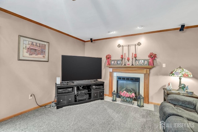 living area with a fireplace with flush hearth, carpet flooring, baseboards, ornamental molding, and recessed lighting