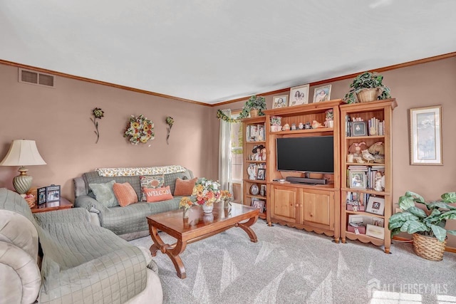 living room with crown molding and carpet flooring