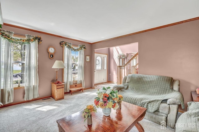 living room featuring plenty of natural light, light carpet, crown molding, and baseboards