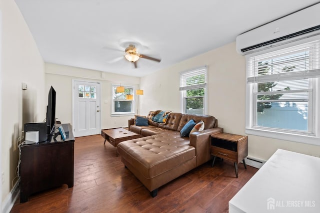 1775 W 5th St, Piscataway, NJ 08854 - living area with a wall unit AC, a baseboard radiator, dark wood-type flooring, and ceiling fan
