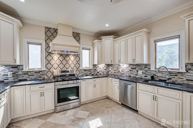 kitchen with crown molding, stainless steel appliances, a healthy amount of sunlight, a sink, and premium range hood