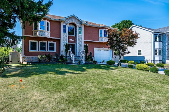 view of front of property with stone siding, a front lawn, and stucco siding