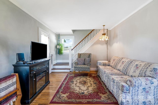 340 Runyon Ave, Middlesex, NJ 08846 - living area featuring wood finished floors, stairway, ornamental molding, and baseboards