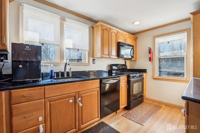 kitchen with black appliances, light wood-style flooring, a wealth of natural light, and a sink