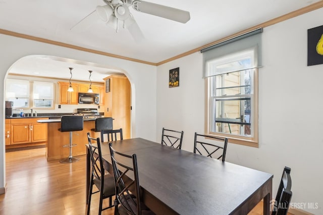 dining room with ceiling fan, crown molding, arched walkways, and light wood-type flooring