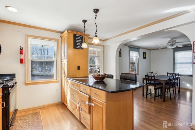 kitchen with crown molding, gas range, light wood-style flooring, a peninsula, and arched walkways