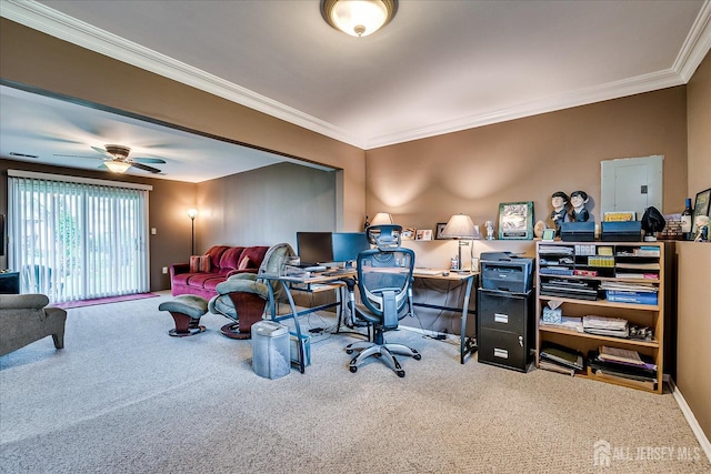 115 Broadway Ave, Colonia, NJ 07067 - carpeted home office with ornamental molding, electric panel, ceiling fan, and baseboards