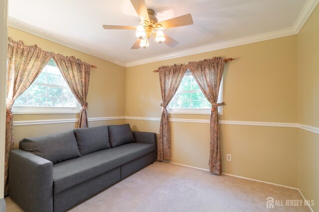 carpeted living area featuring crown molding, a ceiling fan, and baseboards