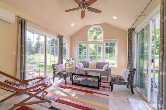 sunroom / solarium featuring a wall mounted AC, lofted ceiling, recessed lighting, tile patterned floors, and baseboards