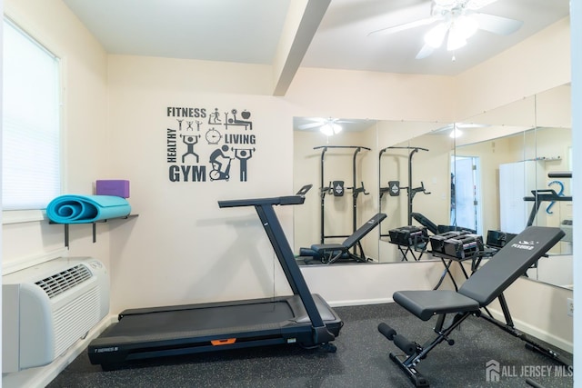 exercise room featuring ceiling fan and baseboards