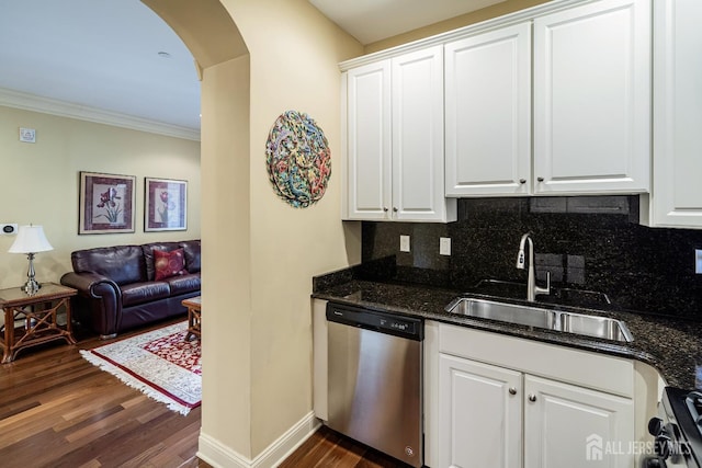 540 Cranbury Rd Unit 105, East Brunswick, NJ 08816 - kitchen with dishwasher, a sink, arched walkways, dark wood-style flooring, and backsplash