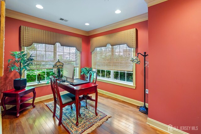 540 Cranbury Rd Unit 105, East Brunswick, NJ 08816 - office with ornamental molding, healthy amount of natural light, baseboards, wood finished floors, and recessed lighting