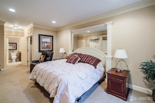 540 Cranbury Rd Unit 105, East Brunswick, NJ 08816 - bedroom with light carpet, ornamental molding, baseboards, recessed lighting, and ornate columns