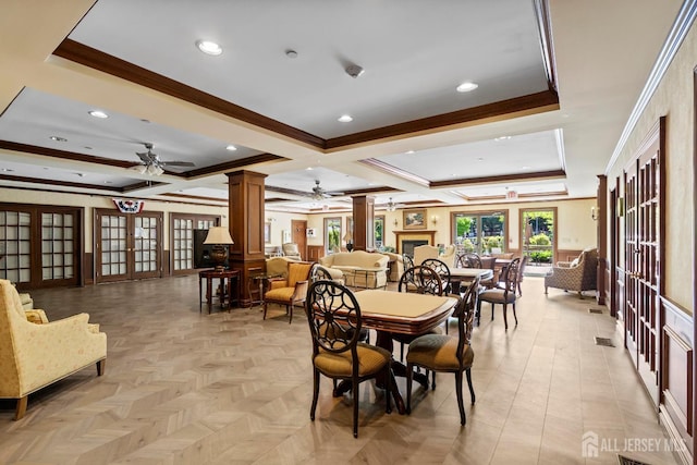 540 Cranbury Rd Unit 105, East Brunswick, NJ 08816 - dining room with decorative columns, a ceiling fan, french doors, ornamental molding, and coffered ceiling