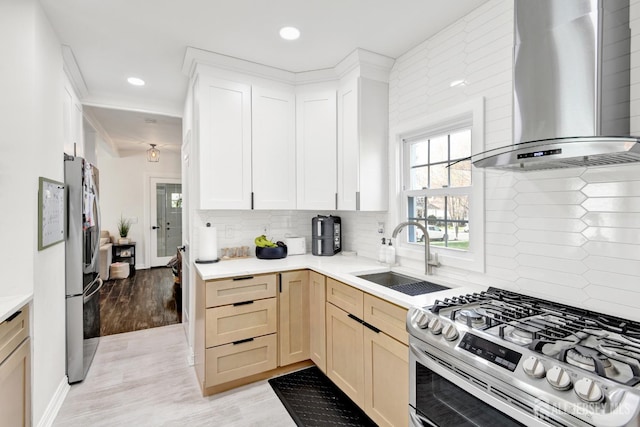 kitchen featuring tasteful backsplash, a sink, wall chimney range hood, appliances with stainless steel finishes, and light wood-style flooring