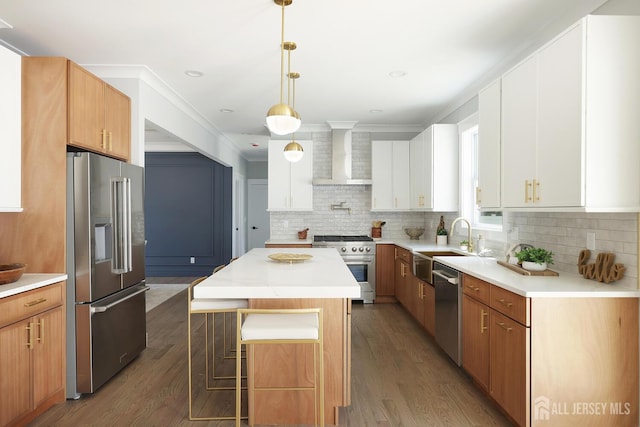 14 Thomasine St, Edison, NJ 08817 - kitchen with high quality appliances, wall chimney range hood, wood finished floors, backsplash, and crown molding