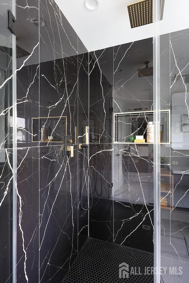 14 Thomasine St, Edison, NJ 08817 - bathroom with a marble finish shower, marble finish flooring, and recessed lighting